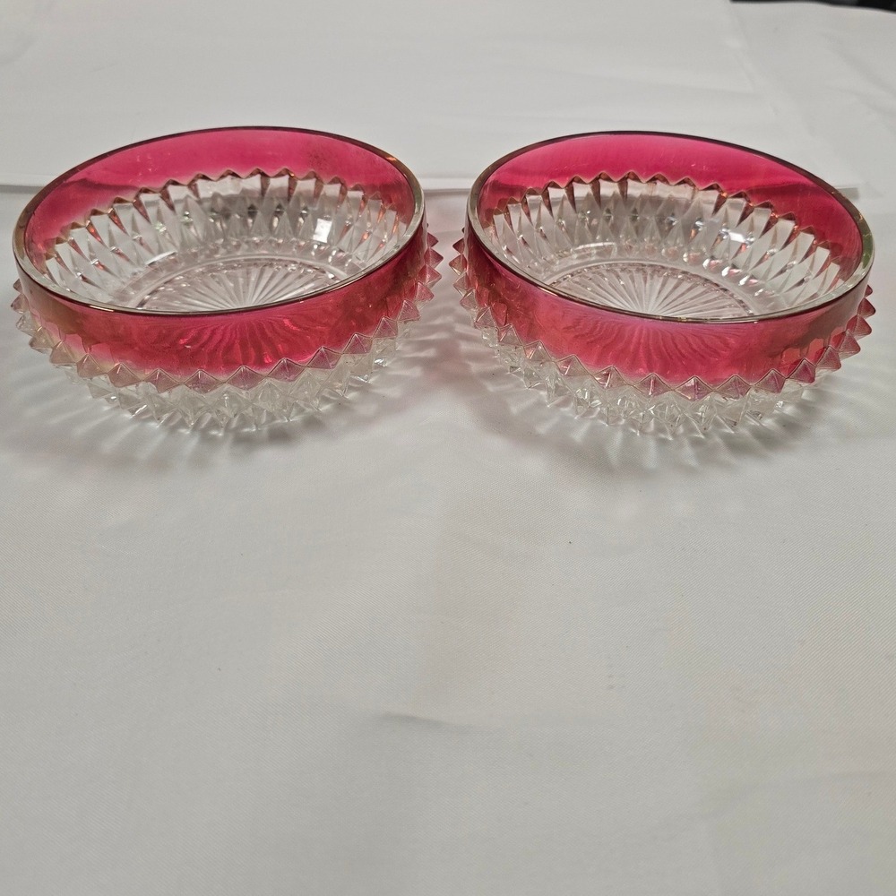 Vintage RUBY Flashed Indiana Glass Diamond Point Hobnail Bowls Set of 2 Ruby Red